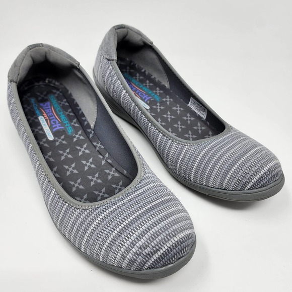 Skechers Stretch Fit Memory Foam Grey Striped Wedge Comfort Shoes EUC 9.5 48881 - Picture 2 of 10